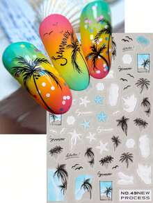 2pcs/Set Summer Island Palm Tree, Starfish, Seagull Nail Stickers, DIY Nail Art Decor Sliders, Nail Art Accessories & Tools, Beautiful Gift For Girls - 彩色 - 查看 3