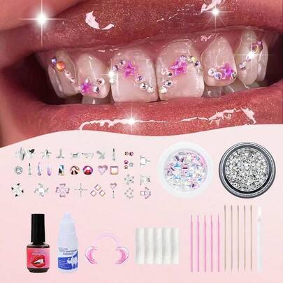 32pcs Elegant DIY Tooth Jewelry Set, Personalized Tooth Rhinestone Decor, Minimalist Style Fashion Tooth Accessories, For Daily Wear, Party, Gift (Excluding Glue)