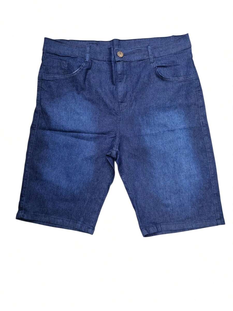 Men's Dark Denim Bermuda Shorts With Medium Stretch Fabric, Comfortable Sporty Style With Decorative Buttons. - 藍斧 - 查看 1