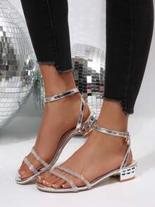 New Spring/Summer Fashion One-Strap Rhinestone Sandals, Sexy Open Toe Transparent Crystal Thick Heel High Heels For Women - Silver - View 1