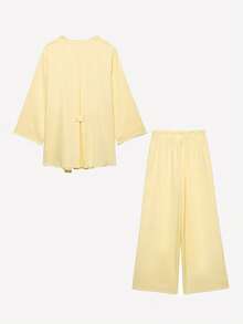 YROOE 女士复古宽松系带V领外套和休闲裤两件套 - 黃色 - 查看 9