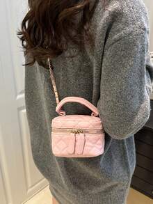 菱形链条斜挎包，时尚百搭手提包，双拉链单肩包 - 粉色 - 查看 3