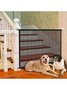 Foldable Pet Dog Gate Mesh Fence, Breathable Barrier For Stairs, Kids Safety, Pet Play Area, No Drilling, Portable With Adhesive Hooks - Black - View 1