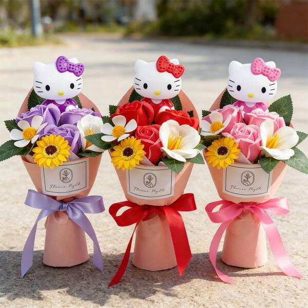  Sanrio Holding Flower Hello Kitty Artificial Rose Flower, Hello Kitty Character Bouquet, Home Wedding Decor, Valentine's Day, Mother's Day, Christmas, Graduation Gift, Hello Kitty Creative Flower Bouquet For Friend's Birthday, Graduation Birthday Gift