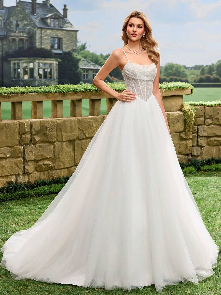 Glamorous Sequin Spaghetti Strap Formal Evening Gown, White Tulle Wedding Dress With Train Spring