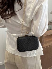 2026新款闪亮菱形图案盒式手拿包，粉色晚宴包，适合派对、婚礼、晚宴等场合，时尚链条单肩/斜挎包，可装手机、零钱、口红、耳机等。 - 黑色 - 查看 5