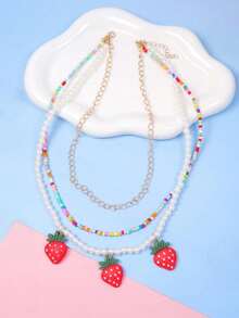 Colorful Beaded Handmade Strawberry Pendant Necklace, Multi-Layer Fashion Accessory, Gift For Teenage Girls - one-size - View 1