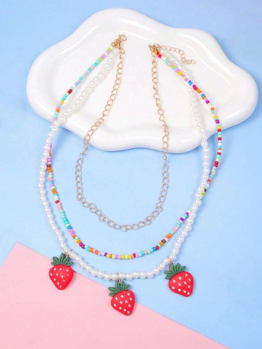 Colorful Beaded Handmade Strawberry Pendant Necklace, Multi-Layer Fashion Accessory, Gift For Teenage Girls - one-size - View 1