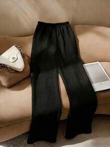 1pc Solid Color Polyester Drawstring Pocket Pants, Suitable For Vacation And Daily Wear, Spring/Autumn Black - Black - View 2