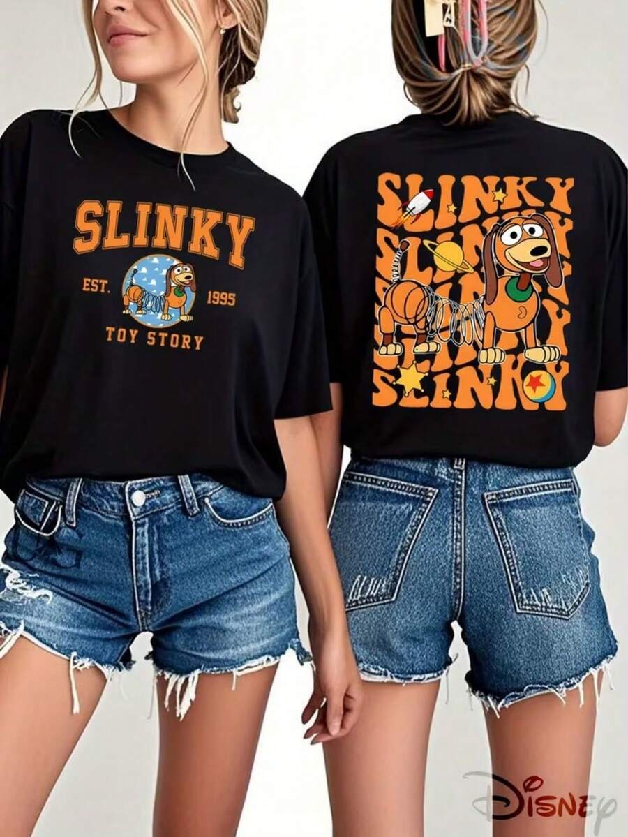 Disney Spring Dog Series Printed Ladies' T-Shirts, Toy Story Slinky Orange Stitching Printing, Genuine Authorized, Micro-Elastic, Can Be Used As Gifts For Family And Friends, Suitable For Spring And Summer. - 黑色 - 查看 1