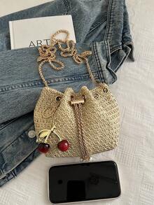 Túi xô mini thời trang mới bằng rơm đan, dây rút bằng xích vàng, túi đi biển. - Màu Khaki - Xem 7