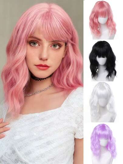 14Inch Pink Wig For Women Short Wavy Pastel Pink Wigs With Houlder Length Middle Part Curly Wavy Wig