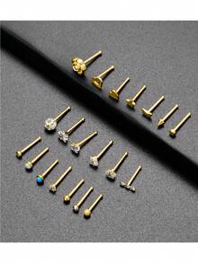 20G 20Pcs Nose Ring CZ Nose Stud Retainer Bone Shaped Nose Piercing Jewelry Set For Women Men Stainless Steel Gold Tone - Gold - View 6
