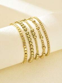 5pcs Fashionable Geometric Square Beaded Bracelet Set, Elegant Creative Elastic Bead Layered Bracelet Suit For Women - Yellow Gold - View 5