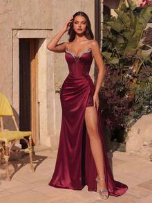 Đầm dạ hội không dây vai, cổ chữ V đính sequin, ruy băng satin dài, xẻ cao, thích hợp cho các buổi dạ tiệc, tiệc cưới, khiêu vũ, lễ hội, hẹn hò, tiệc tối trang trọng, tiệc sinh nhật, lễ kỷ niệm ngày lễ, họp mặt gia đình và nhiều dịp khác. - Màu Đỏ Sâu - Xem 5