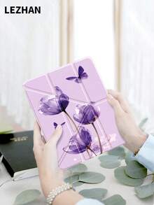 1pc Purple Crystal Tulip Pattern Rotating Foldable Flat Tablet Protective Case, Compatible With 2025/10th Gen/10.2", Pro 11" 2021/2020, Mini 6/7, Galaxy Tab A8 10.5" 2022, With Pencil Slot, Anti-Drop, Tablet Stand Protective Cover, Gift For Kids/Family - Multicolor - View 3