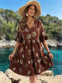 Vestido de verano con estampado total, cuello en V, hombros con volantes y cinta tejida elegante - Café - Ver 2