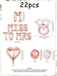 22件套婚礼气球套装，包含水晶钻石玫瑰金箔气球、“MISS TO MRS”字母气球、心形气球、乳胶气球，适用于婚礼派对、周年纪念、新娘送礼会等场合。 - 多色 - 查看 2