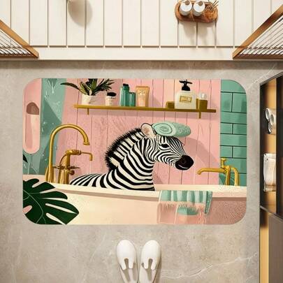 1pc Silica Gel Bathroom Mat, Humorous Zebra Taking Bath Pattern Design, Creative Animal Decor, Absorbent, Quick Drying, Anti-Slip, Easy To Clean, Cartoon Design Available In Multiple Sizes, Suitable For Kitchen, Bathroom, Laundry Room, Entryway, Bathroom Decor, Cartoon Doormat, Kitchen Mat