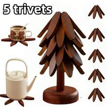 Foldable Heat-Resistant Tree Trivet Set -8 Wooden Trivets & 1 Stand Heat Multipurpose Resistant Foldable Design - Kitchenware Tableware Coasters Durable High-Quality Solid Wood Ideal For Hot Dishes, Pots, Bowls, Teapots Kitchen Decorative Placemat - 5 Trivets +1 Stand - View 3