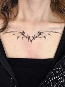 1pc Fashionable Waterproof Y2K Dark Demon Wing Temporary Tattoo, Cyberpunk Mechanical Bat Wing Tattoo Sticker, Waterproof Long-Lasting Collar Chest Tattoo, Cool Edgy Girl One-Time Tattoo Sticker - Black - View 4