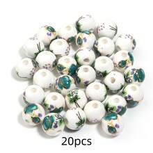 20-30颗复古蓝白瓷珠，金绿色花卉图案陶瓷圆珠，DIY首饰制作材料 - 金綠花草 - 查看 10
