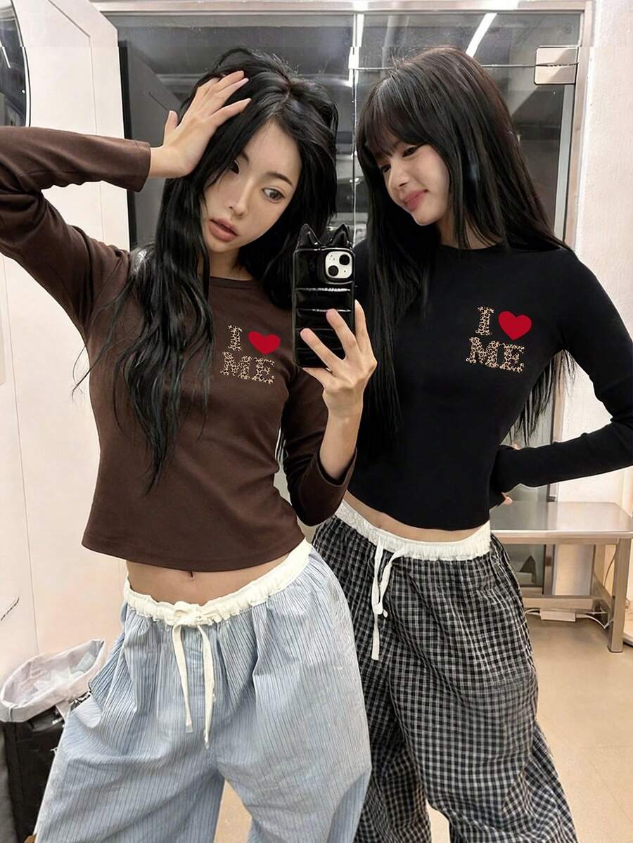 2件組女款圓領長袖T恤,春秋新款豹紋與字母圖案,美式辣妹風,時尚百搭修身短版上衣 - 棕色+黑色 - 查看 1
