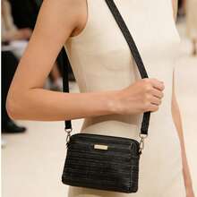 夏季草编斜挎包，女士沙滩单肩包，配有可拆卸肩带、拉链封口、小巧百搭设计、休闲外出手提包、尼龙内衬、女士钱包 - 黑色 - 查看 1