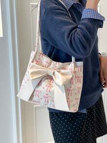 Solid Color PU Leather Bow Decor Lightweight Fashionable Women's Large Capacity Shoulder Bag, Elegant Lady Handbag - White - View 5