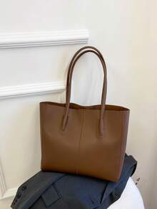 New Elegant Patchwork PU Tote Bag, Foldable Large Capacity Handbag, Fashionable Commuter Bag For Women, Suitable For Daily, Work, Travel, Vacation, Great Gift For Mom - Coffee Brown - View 8
