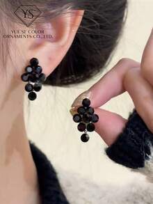 2pcs New Elegant Luxury Black Crystal Stud Earrings, Fashionable Unique Design Shiny Grape Pendant Earrings For Women - Black - View 1