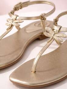Women's Flat Sandal/Flip-Flop With Gold Appliqué/Flat Sandal With Buckle Strap - 金色 - 查看 3