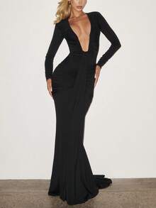 Black Elegant Deep V Neck Spring Summer Bodycon Dress Women Long Sleeve Pleated Long Maxi Party Dresses - Black - View 4