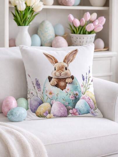 1pc Easter Bunny Element Soft Comfortable Single-Sided Printed Decorative Pillow Cover (Pillow Insert Not Included), Suitable For Bedroom, Living Room, Sofa, Party Decoration
