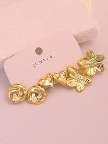 6/18件男士纯金耳环套装，包含花朵、圆形扭纹、心形、水滴形、编织形、多种C形设计，低过敏性厚金耳环，时尚优雅，适合日常佩戴、派对和送礼。 - 金色 - 查看 10