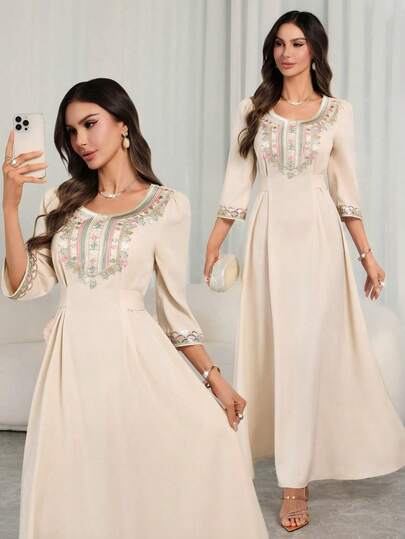 Vestido largo de estilo kaftan elegante de color albaricoque para mujer - manga larga, con aplicación de bordado floral, cinturón de lazo en la cintura, que muestra con facilidad la elegancia diaria y el encanto atemporal del estilo árabe