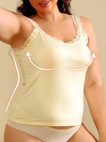 1pc Women Plus Size Solid Color Lace Trim Decor Round Neck Sleeveless Camisole Patchwork Tank Top - Apricot - View 4