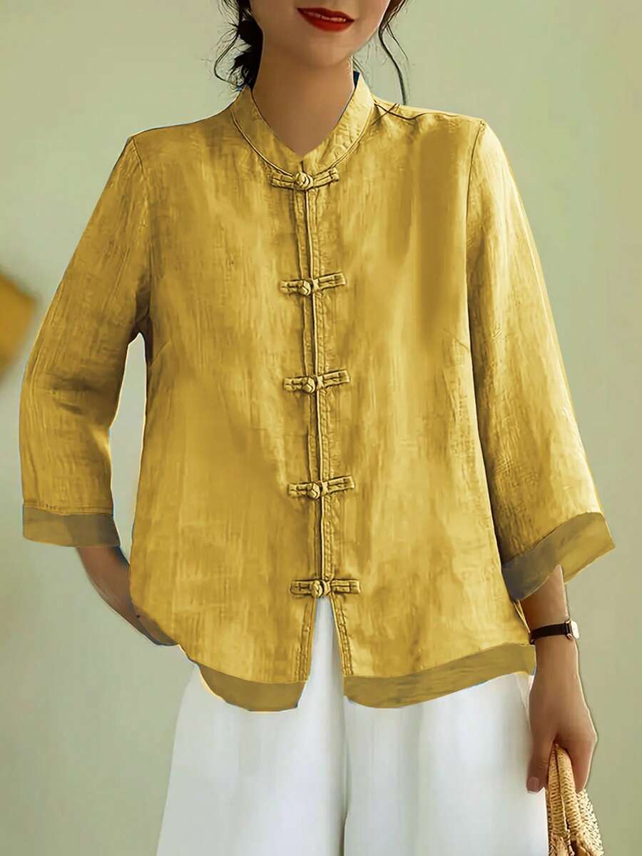 中国风复古艺术风立领纽扣网纱拼接宽松舒适女式衬衫 - 黃色 - 查看 1