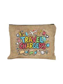 時尚女款彩色「Travel Charger」字母圖案化妝包，化妝品收納袋，數據線收納袋，大容量零錢包，春夏旅行配件，度假拉鍊收納袋。適用於度假、辦公室、購物、酒店、返校禮物、生日禮物、旅行配件、母親節禮物、婚禮配件 - 彩色 - 查看 18