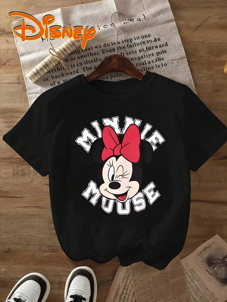 Disney Minnie Mouse Pattern Women's T-Shirt-Red Casual Short-Sleeved Lightweight Polyester Shirt, Spring And Summer Fashion Shirt, Perfect Gift For Disney Fans, Fun T-Shirt To Wear Every Day, Breathable And Comfortable Print Design, Role Theme Shirt, Exclusive To Women, Lively Style And Comfortable Version. - 黑色 - 查看 1