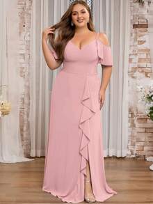 Women Plus Size Solid Color Elegant Mature Chiffon Bridesmaid Dress, Evening Party Dress For Wedding Guest, Maid Of Honor, Spring/Summer/Autumn Pink - Pink - View 2