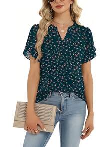 女士短袖雪纺V领印花衬衫，轻盈舒适，适合工作、度假、居家及节日场合，春夏秋季皆宜。 - 彩色 - 查看 3