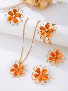 Bộ 5 món thời trang nữ kiểu dáng cổ điển phóng khoáng, họa tiết giọt dầu và hoa, gồm dây chuyền, bông tai, vòng tay và nhẫn, thích hợp cho tiệc tùng, dạ hội và mặc hàng ngày. - trái cam - Xem 4
