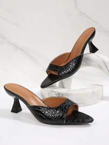 FVPFVP 2025新款漆皮高跟凉拖鞋，百搭尖头性感露趾单带穆勒鞋，夏季必备 - 黑色 - 查看 6