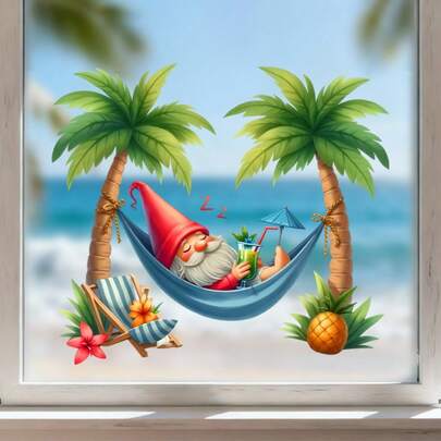 1pc A Relaxed Elf Vinyl Decal - The Dwarf Slept In A Hammock Under The Coconut Tree Design, Ideal For Vehicles, Motorcycles, Windows, And Walls - Self-Adhesive, For One-Time Use - Sticks To Glass, Metal, And Ceramic Materials