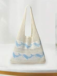 女士针织钩编鲸鱼图案休闲手提包，网眼沙滩手提包 - A - 查看 8
