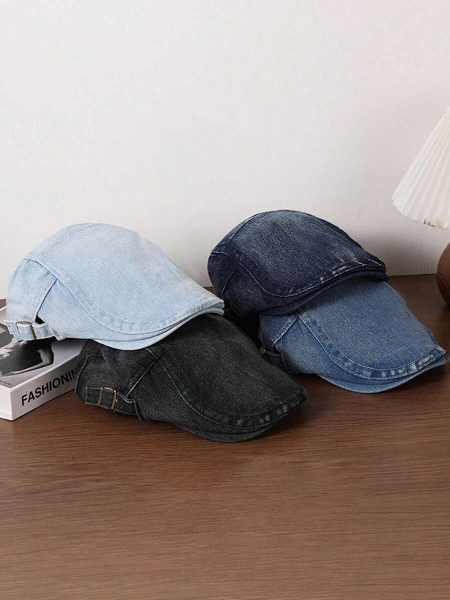1pc Solid Color Washed Denim Newsboy Cap, Minimalist Vintage Beret Hat,Summer,Beach,Holiday,Festival,Travel - A - View 1