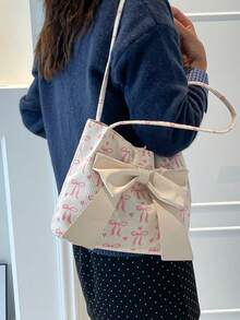 Solid Color PU Leather Bow Decor Lightweight Fashionable Women's Large Capacity Shoulder Bag, Elegant Lady Handbag - White - View 7