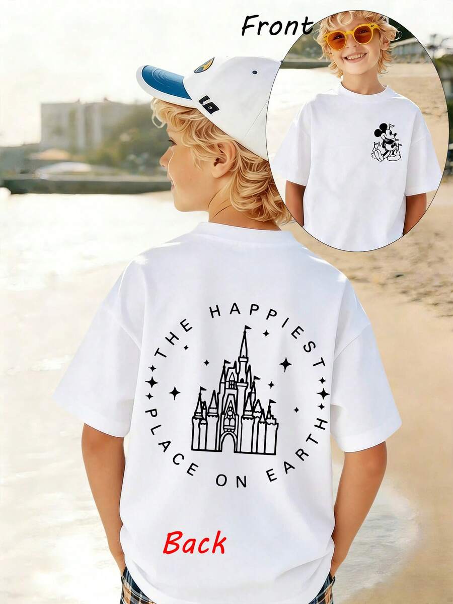 Disney Official License Magical Castle And Mickey Mouse Double Sided Graphic Boys Casual T Shirt Soft Breathable Perfect For Theme Park Visits And Daily Adventures - 白色 - 查看 1
