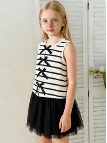Girls Striped Vest & Mesh Skirt Set, Summer - Black - View 2